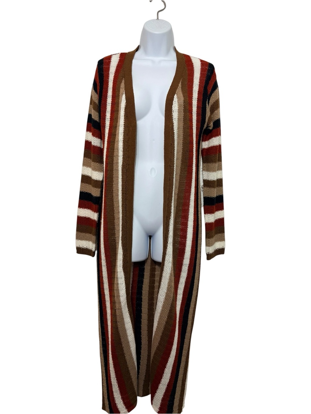 Love by Chesley Small Striped Longline Duster Cardigan Brown Rust Boho Open Knit